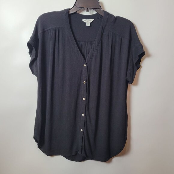 Orvis Black Button-Down Short Sleeve V-Neck Blouse M/M Lightweight Rayon - Picture 2 of 13